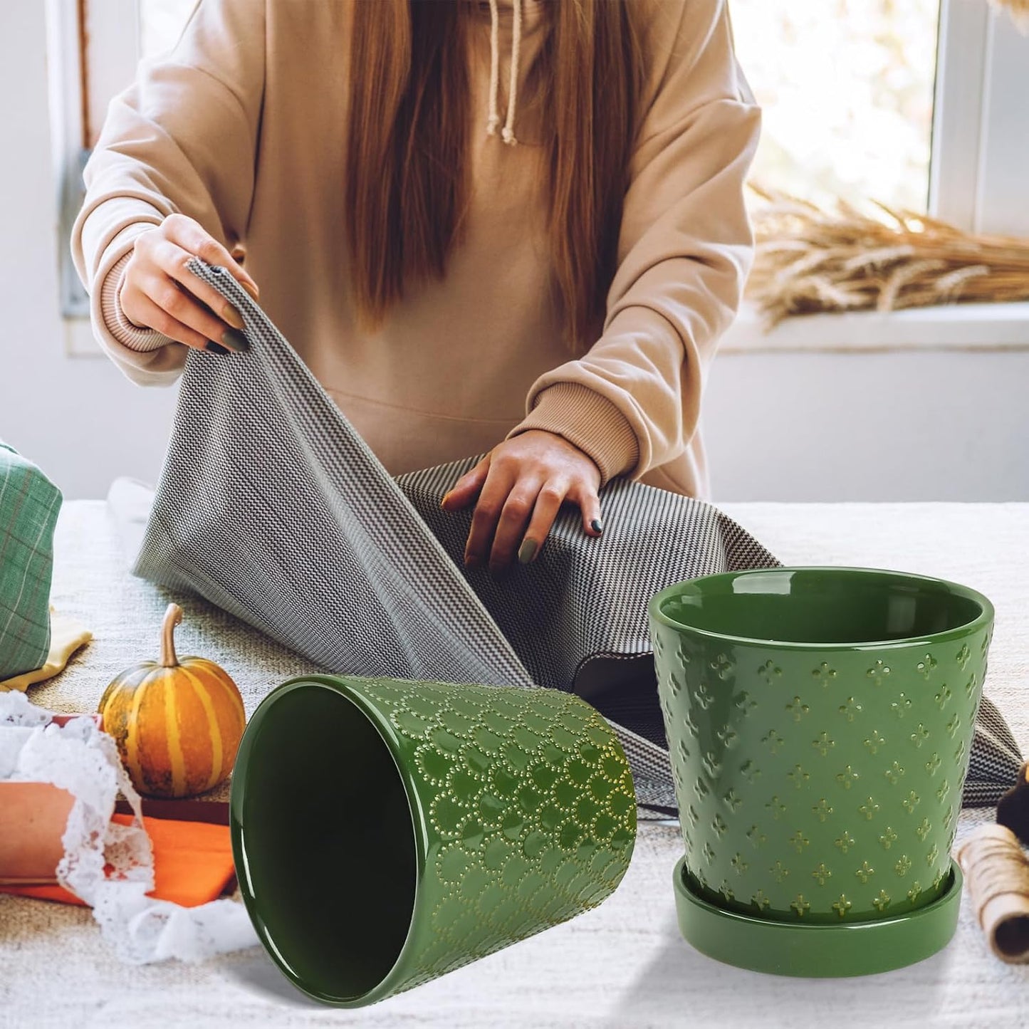 EFISPSS Flower Planter –5 inch Ceramic Plant Pots with Drainage Hole and Ceramic Tray - Gardening Home Desktop Office Windowsill Decoration Gift Set of 4 - Plants NOT Included