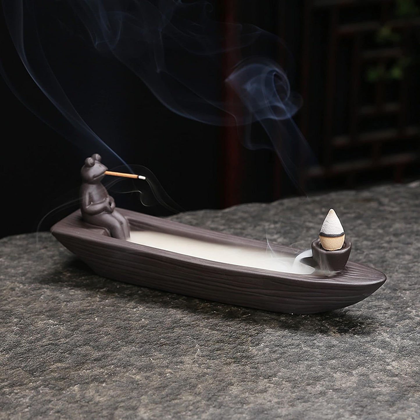 ChangWanna Frog Incense Stick Holder - Ceramic Insence Burner Ash Catcher, Insense Stand with 45 Sandalwood Sticks, Ornament for Aromatherapy/Yoga/Meditation/Home Living Room Office Decor