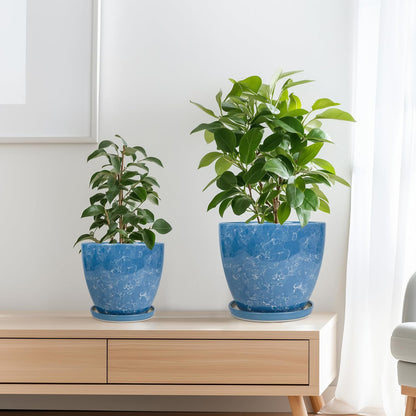 Plant Pots Indoor, Ceramic Planters Pots with Drainage Holes and Saucers, 10+8+6 Inch, Set of 3, Round Large Flower Pots for Indoor Outdoor Plants, Blue
