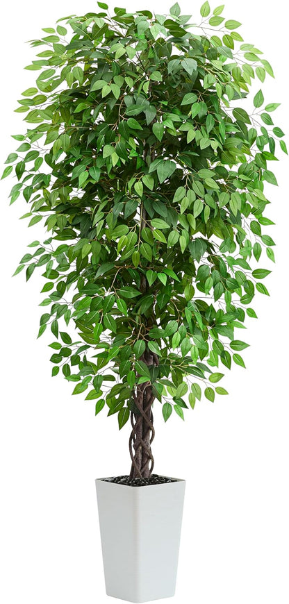 Artificial Ficus Tree 6FT Faux Plants Indoor Tall Fake Plants with White Planter, Green Lifelike Lush Fake Ficus Tree for Home Living Room Bedroom Outdoor Balcony House Office Decor