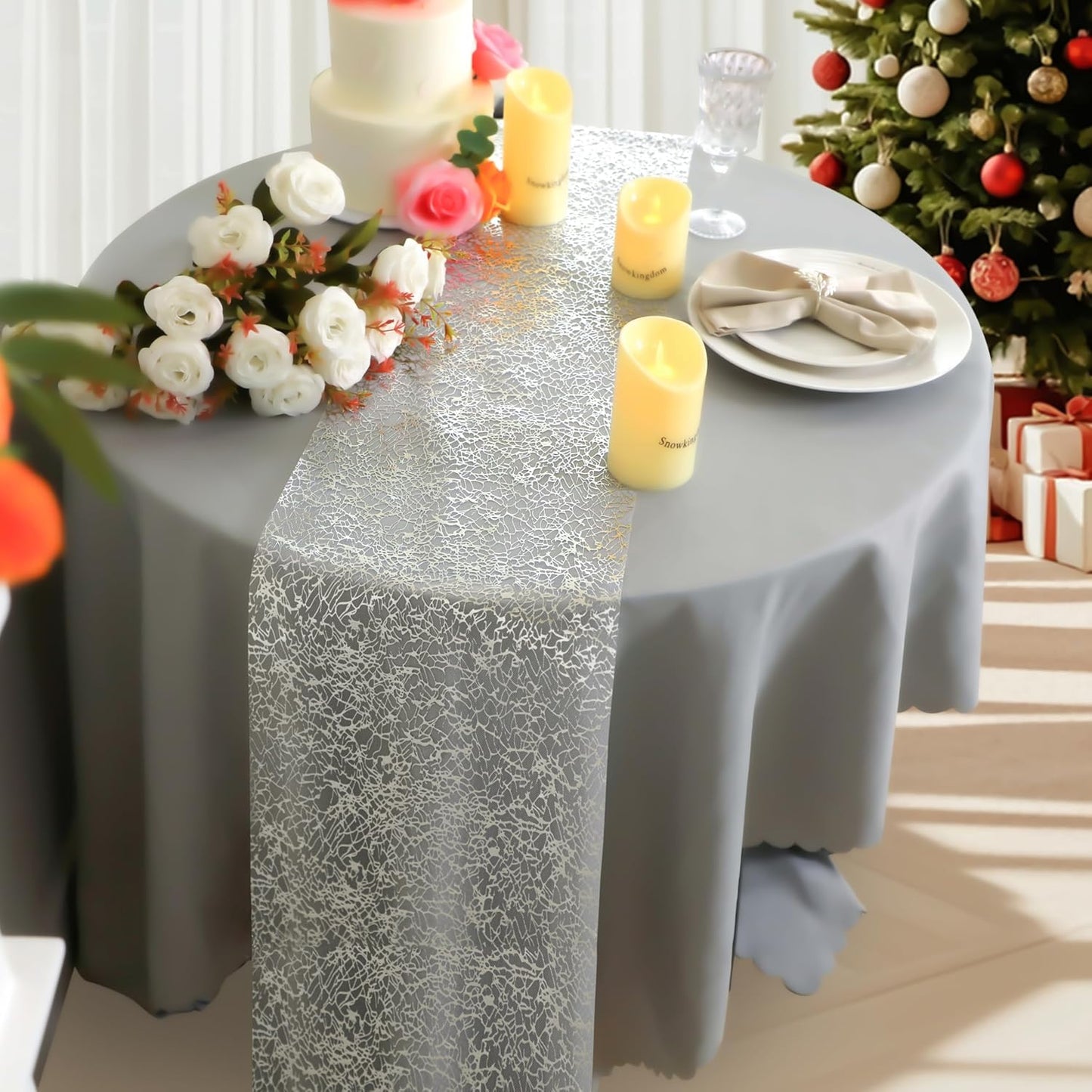 Snowkingdom 2 Pieces Gold Table Runner, Sequin Glitter Foil Metallic Thin Mesh Runner Roll 11"x108", Gold Table Decorations for Event Party, Wedding, Birthday Party, Christmas