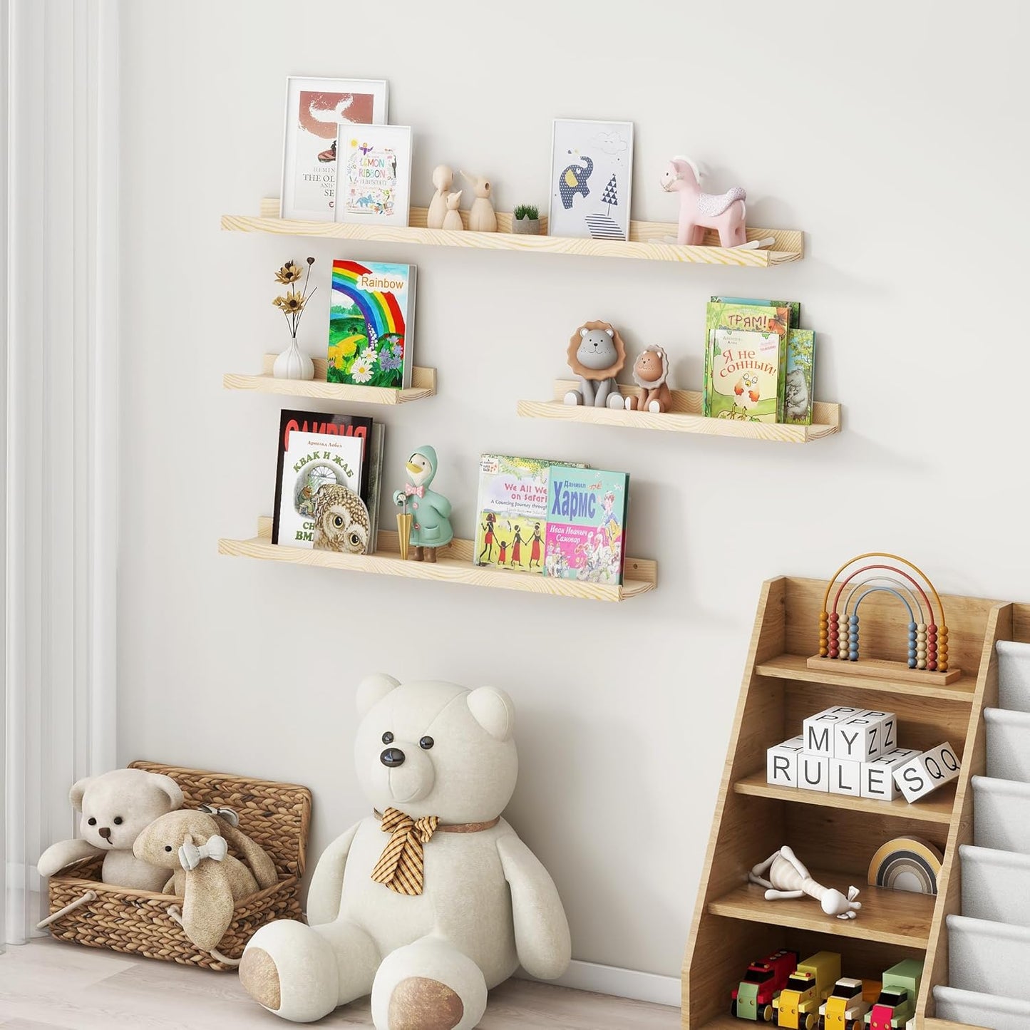 FLYJOE Picture Ledge Shelf, Floating Shelves Set of 2, Solid Pine Wood 55'' Long Large Nursery Book Shelves for Toys Storage, Kids Bookshelf for Living Room Bedroom Decor Books Photo Frames, Walnut