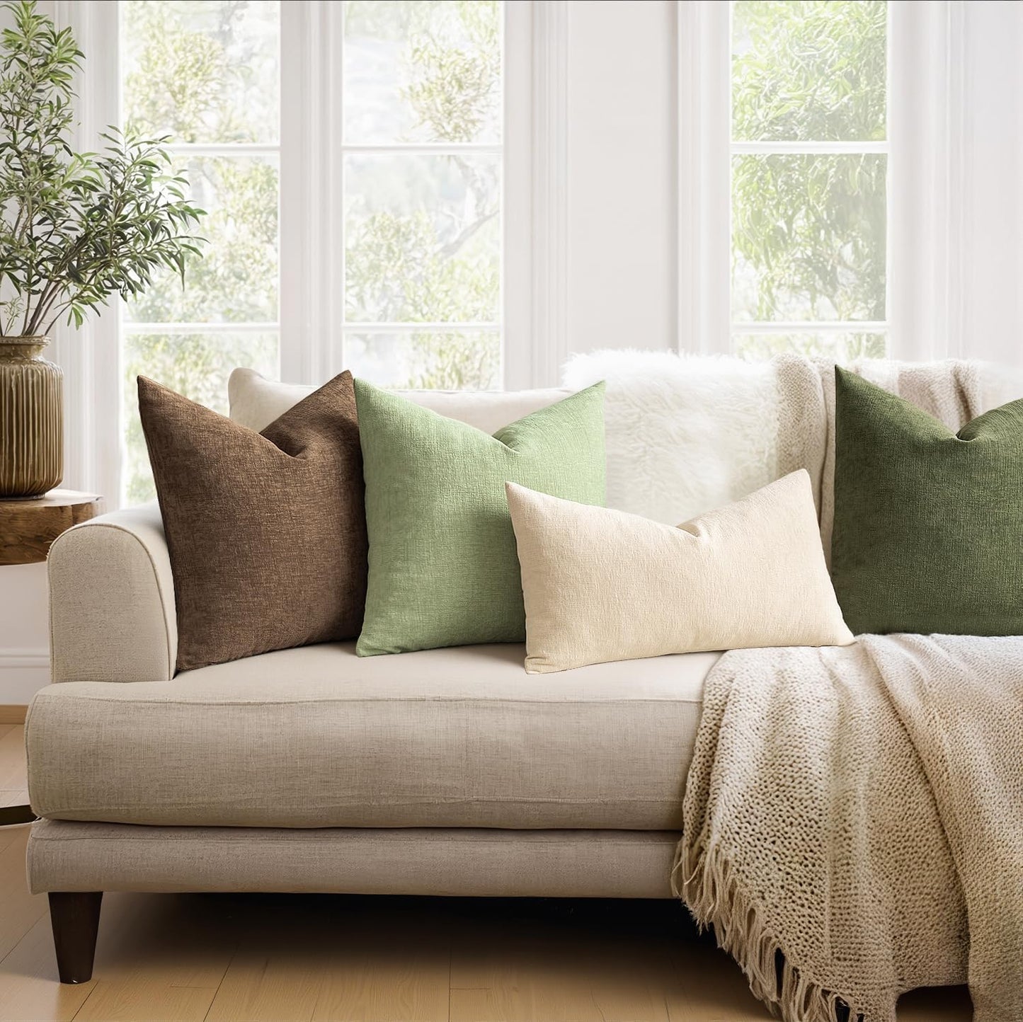MIULEE Olive Green Couch Pillow Covers 18x18 Inch, Set of 2 Soft Chenille Decorative Square Throw Pillow Covers Farmhouse for Sofa Living Room Bed