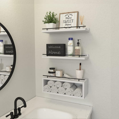 WOPITUES Floating Shelves for Wall with Cube Shelf, Wall Shelves with Metal Rail for Bathroom Decor, Bathroom Organizers and Storage, Over Toilet Shelves for Toilet Paper-Black