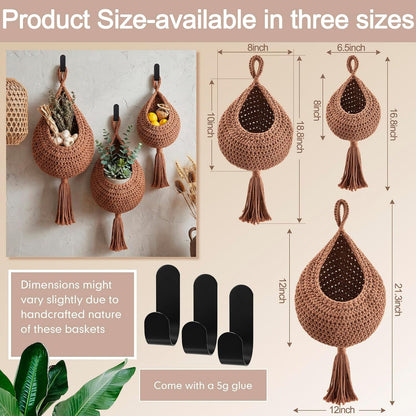 Honeydak Boho Decor Hanging Wall Baskets for Kitchen 3 Pack Teardrop Baskets with Hooks Storage Fruit Onion Vegetable Potato for Home 3 Sizes(Linen,Teardrop,Jute)