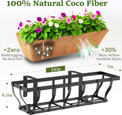 VOXOR Railing Planter Boxes, Heavy Duty Window Box Planters, Adjustable Balcony Planters for Railing Hanging, with Coco Liner & Support Rod for Deck, Porch, and Patio Gardening (2 Pack, 24 Inch)