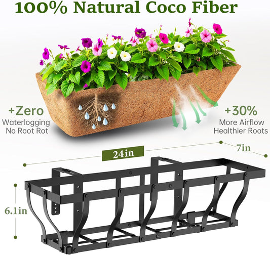 VOXOR Railing Planter Boxes, Heavy Duty Window Box Planters, Adjustable Balcony Planters for Railing Hanging, with Coco Liner & Support Rod for Deck, Porch, and Patio Gardening (2 Pack, 24 Inch)