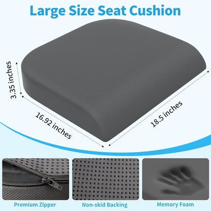 TranquilRelax Large Seat Cushion, Memory Foam Cushion for Long Sitting Hours on Office Chair, Car Seat, Non-Slip Chair Pad for Sciatica, Coccyx, Tailbone Pain Relief & Post-Surgery Recovery (Black)