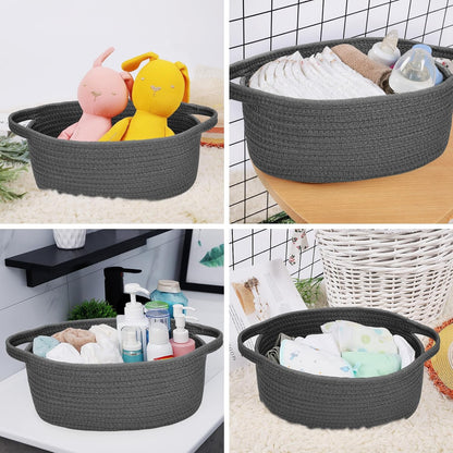 ABenkle Small Basket with Handles, Boho Decorative Rope Woven Dog Cat Toy Storage Bin Shelf Storage Organizer, Easter Christmas Gift Basket, 12"x8"x5", White