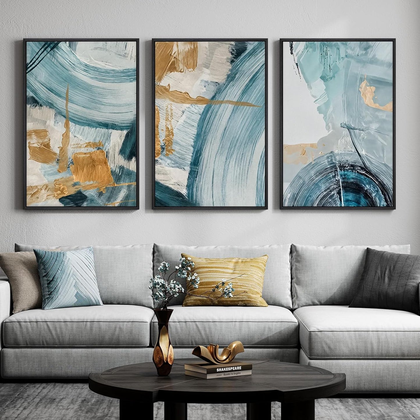 Large Framed Abstract Nature Landscape Wall Art for Living Room, Set of 3 Modern Canvas Prints Paintings Artwork for Walls, Green Lake Pictures for Hallway, Dining Room, Office Wall Decor 24x36 Inch