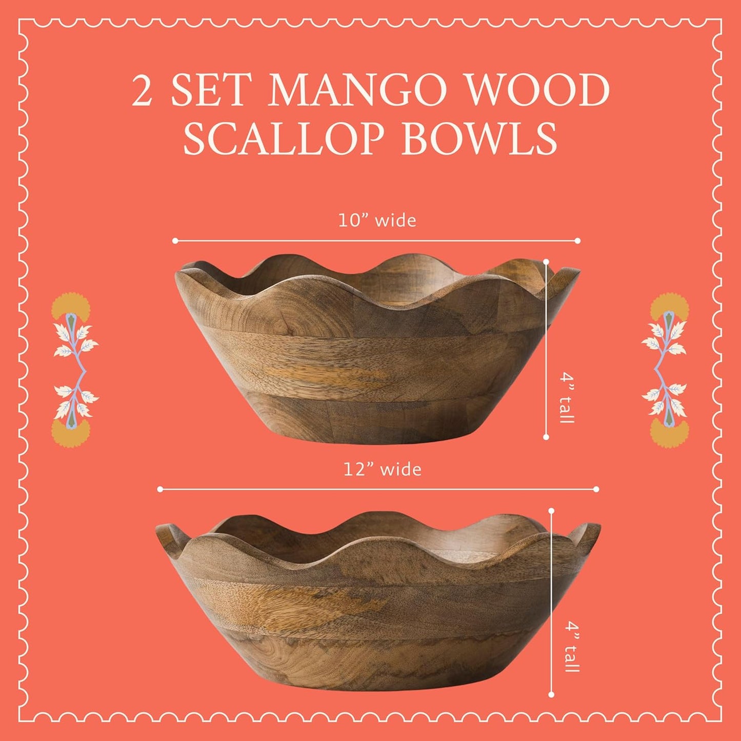 Mela Artisans 12-Inch Mango Wood Scalloped Bowl - Hand-Finished Decorative Serving and Fruit Bowl with Natural Grain for Kitchen Counter, Snacks, Desserts, Bread and Home Decor Centerpiece