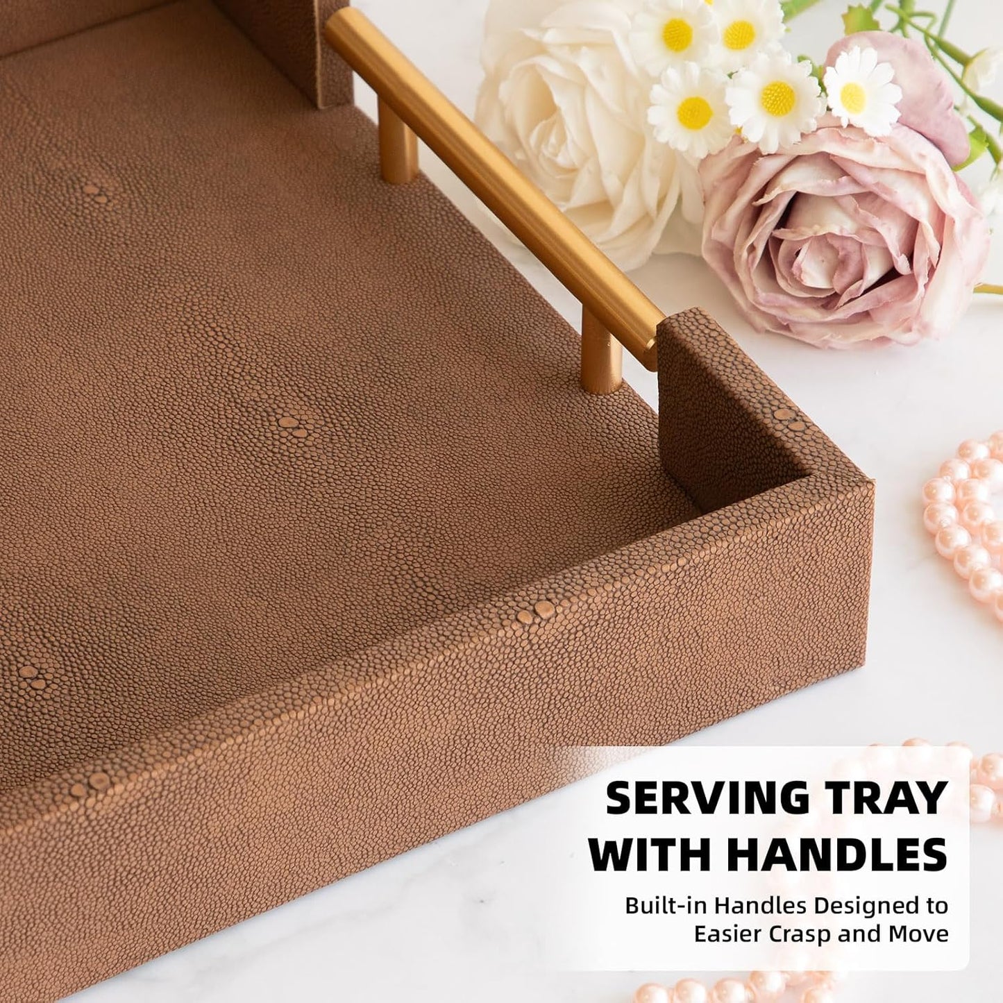 Modern Decorative Tray Set of 2 Ivory Shagreen Leather and Wood Serving Tray with Gold Polished Metal Handles for Ottoman, Coffee Table, Bathroom and More