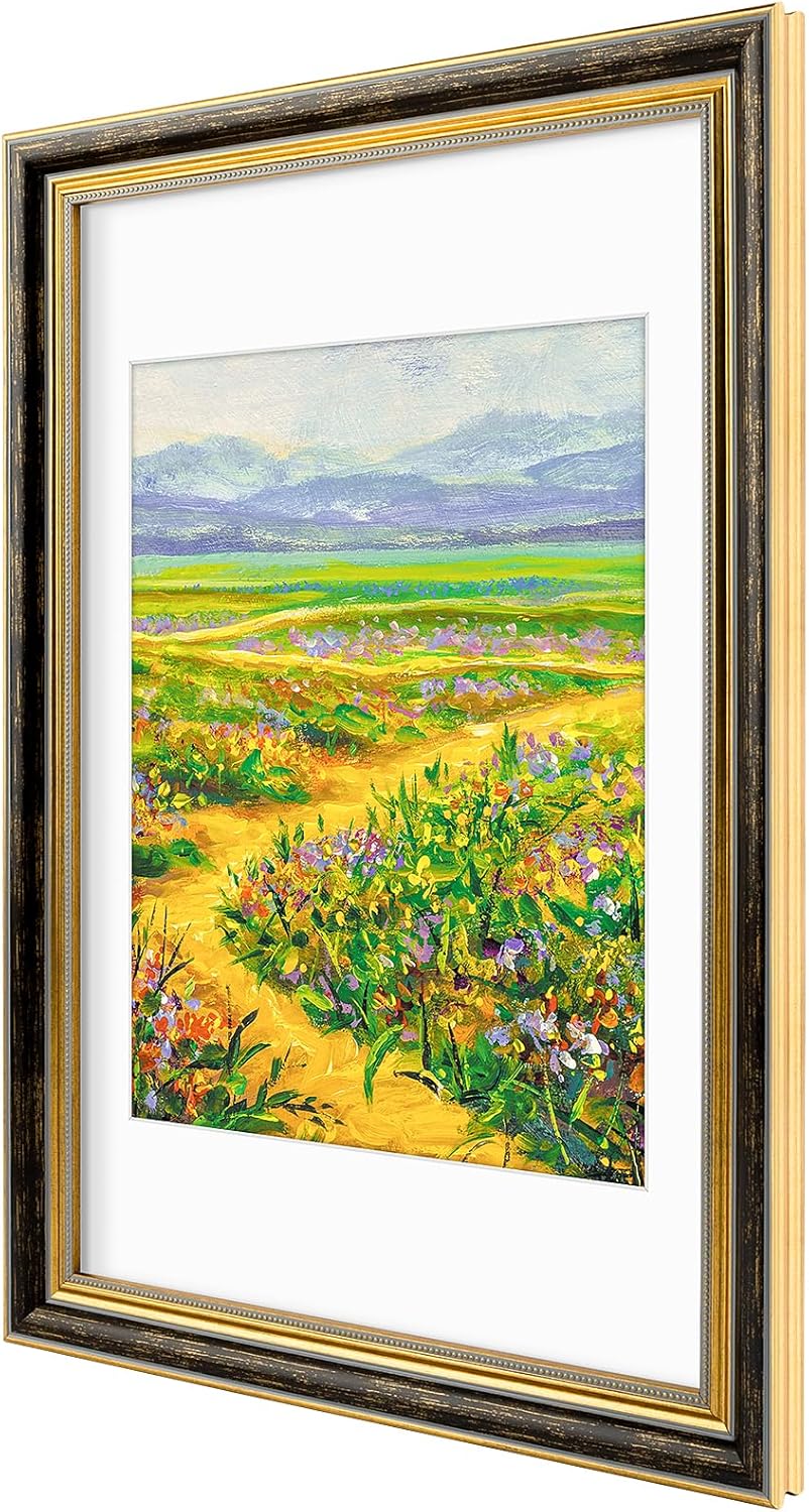 Golden State Art,11x14 Ornate Picture Frame for 8x10 Photo with Mat or 11 x 14 Prints without Mat,Real Glass Wall Display(Color:Green Gold)