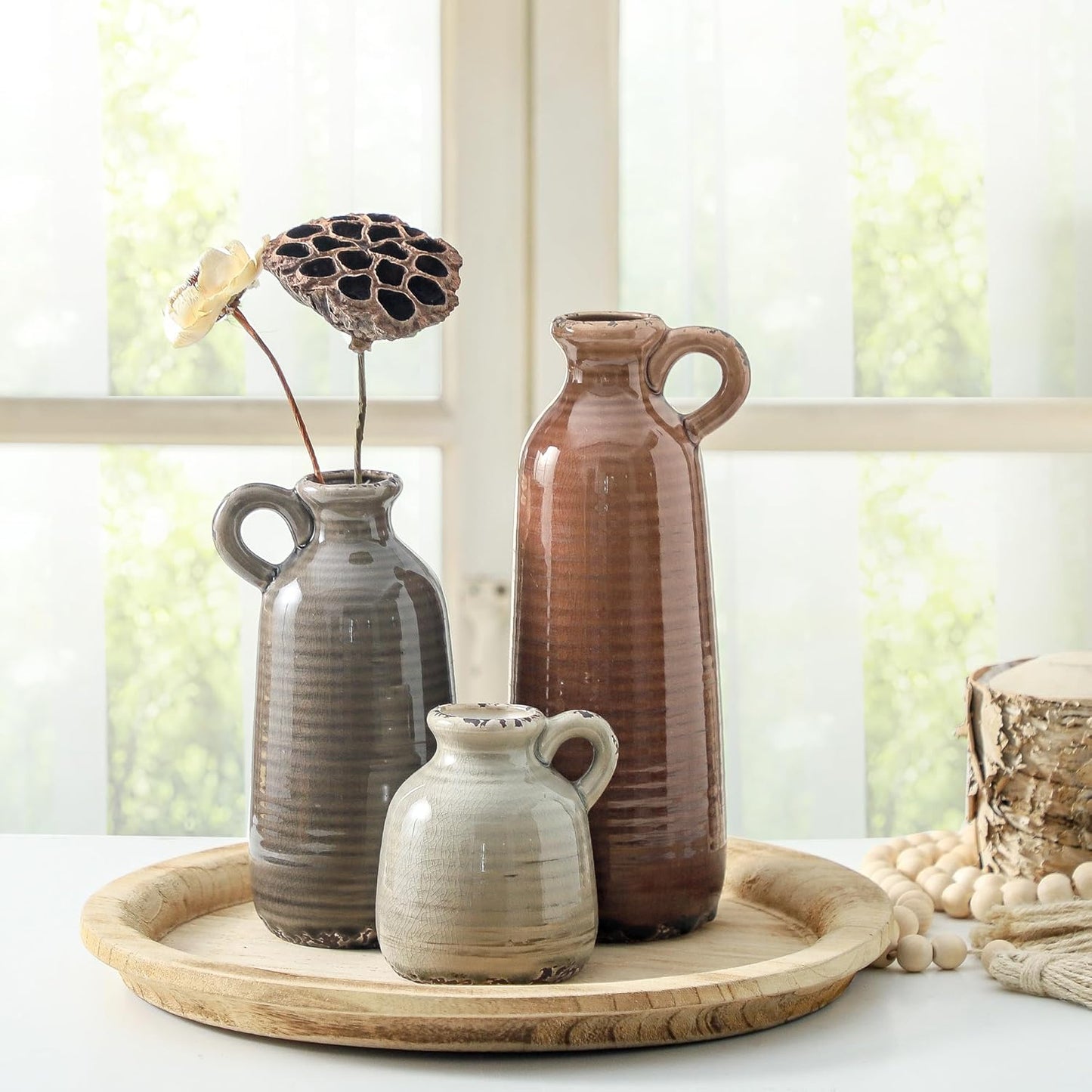 Ceramic Vase Set of 3 | Neutral Vase Home Decor with Handle | Pottery Modern Farmhouse Vases Pampas Grass Flower Vases for Home Decor Table Living Room Centerpieces Mantel Decor - Multicolor