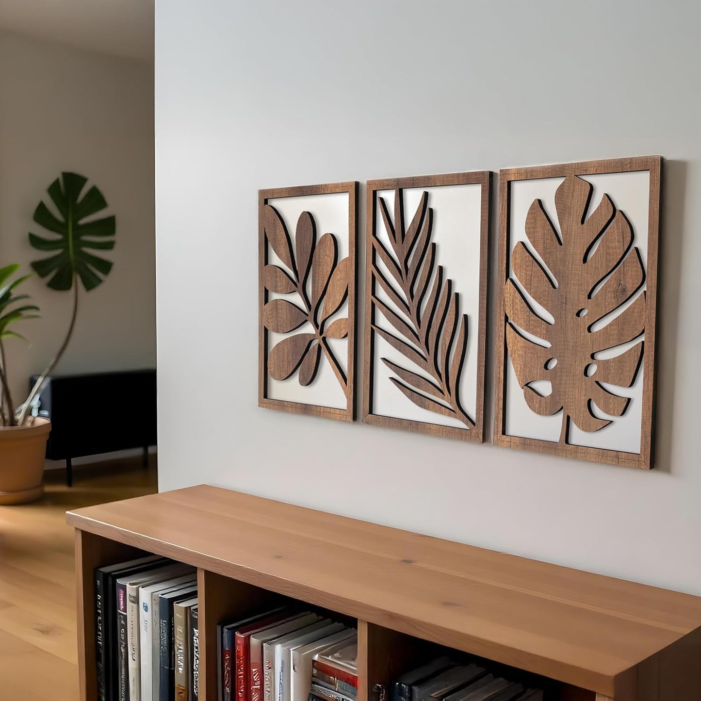 qmmp Modern Wooden Wall Sculptures - Set of 3 - Home Decor Accent - Large Wall Art for Living Room, Bedroom, Office - Easy Installation (Oak, Medium - Mountain and Sun)