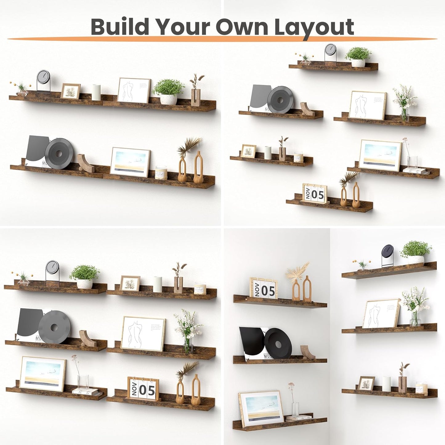 upsimples 6 Pack Wooden Floating Shelves, Wall Storage Decor Shelf for Bathroom, Bedroom, Living Room, Kitchen, Office and Laundry Room, Wall Mounted Display Hanging Shelf, Brown