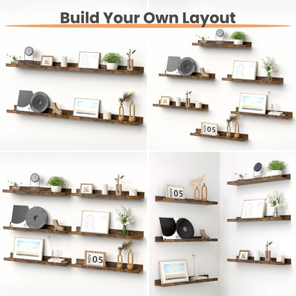 upsimples 6 Pack Wooden Floating Shelves, Wall Storage Decor Shelf for Bathroom, Bedroom, Living Room, Kitchen, Office and Laundry Room, Wall Mounted Display Hanging Shelf, Brown