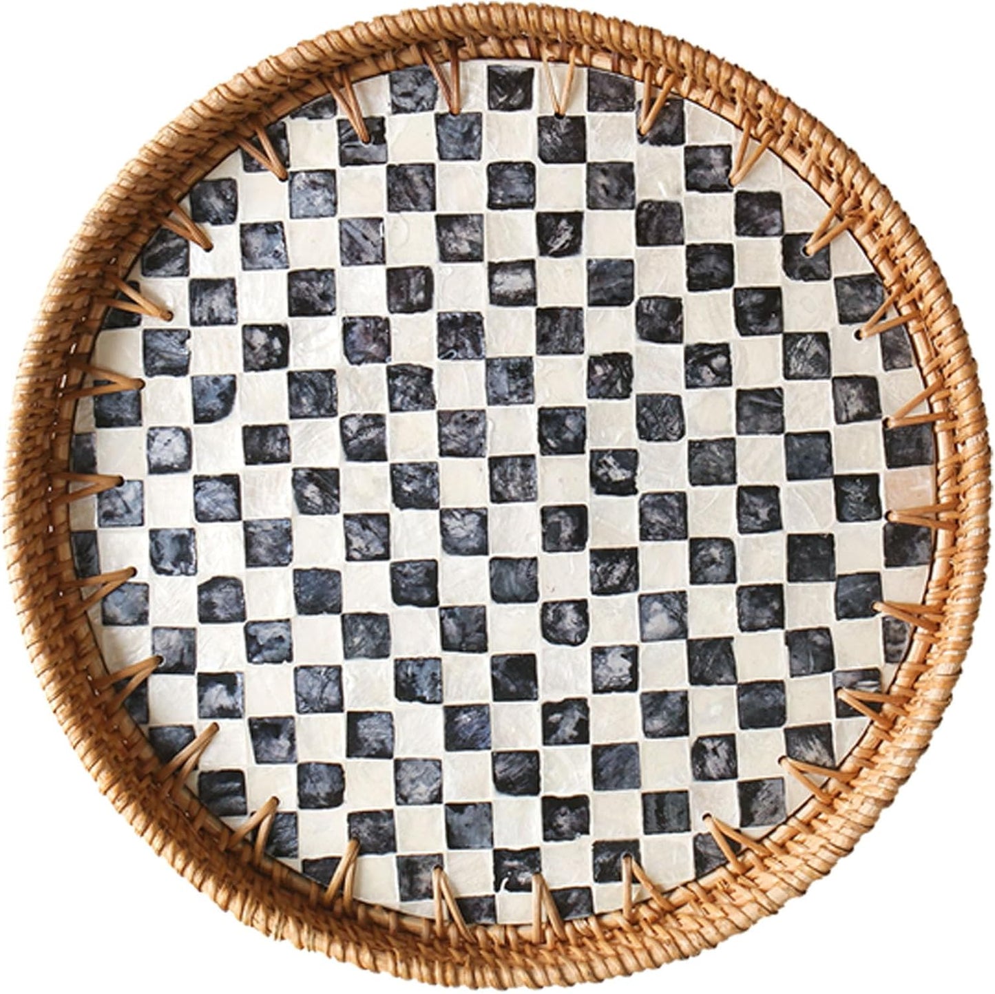 Round Rattan Tray with Mother of Pearl Inlay, Decorative Wicker Serving Tray with Wooden Base, Woven Basket Trays for Bread Fruits Coffee, Leaf