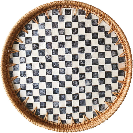 Round Rattan Tray with Mother of Pearl Inlay, Decorative Wicker Serving Tray with Wooden Base, Woven Basket Trays for Bread Fruits Coffee, Leaf
