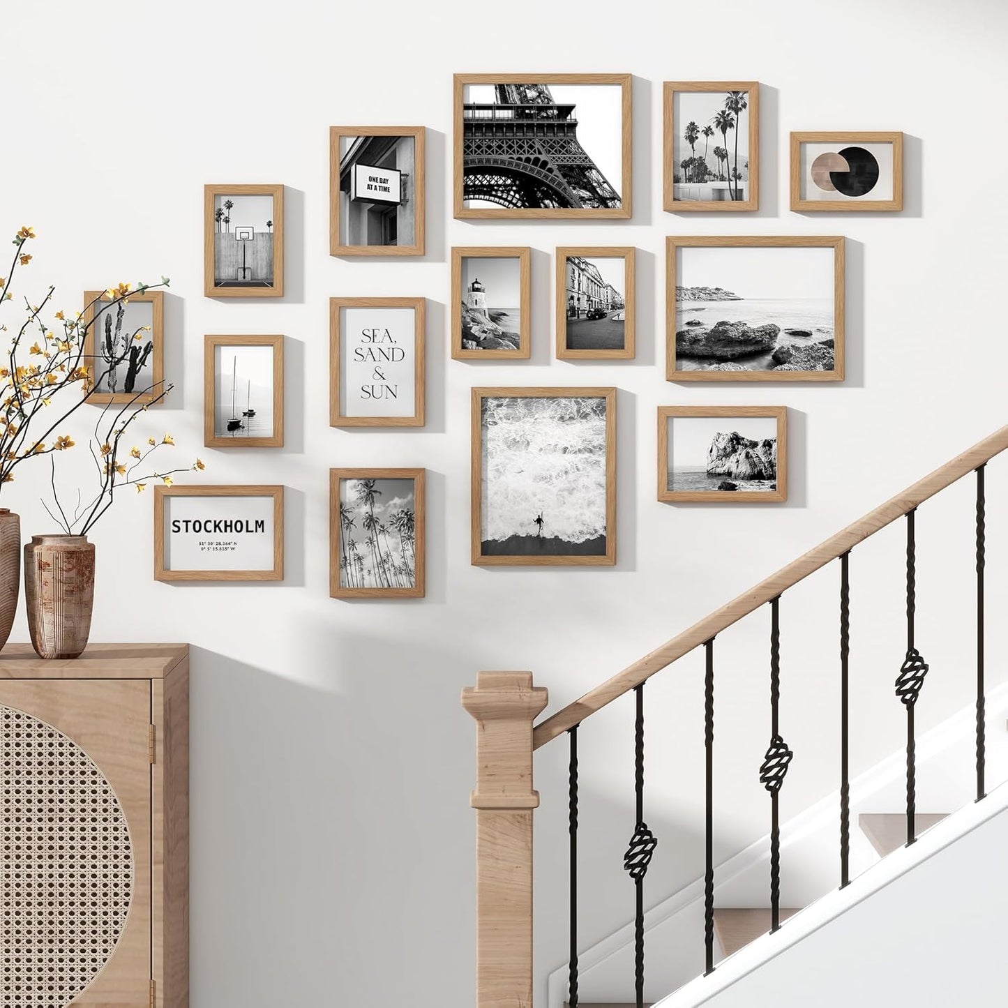 Venusmiles 15 Pack Picture Frames Collage Wall Decor, Gallery Frame Set for Wall Mounting or Tabletop Display, Multi Sizes Including 3pcs 8x10, 6pcs 5x7, 6pcs 4x6, Oak