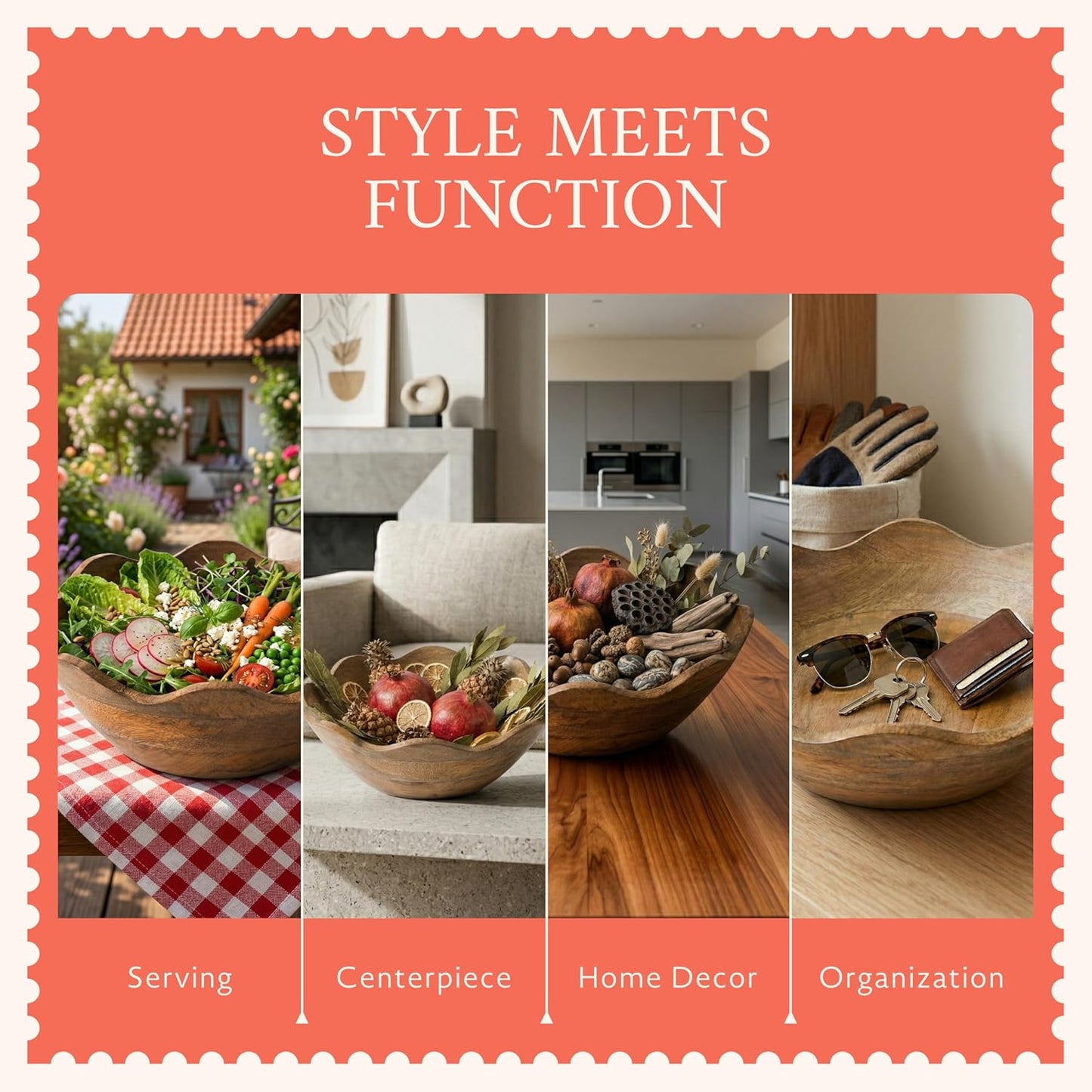 Mela Artisans 12-Inch Mango Wood Scalloped Bowl - Hand-Finished Decorative Serving and Fruit Bowl with Natural Grain for Kitchen Counter, Snacks, Desserts, Bread and Home Decor Centerpiece