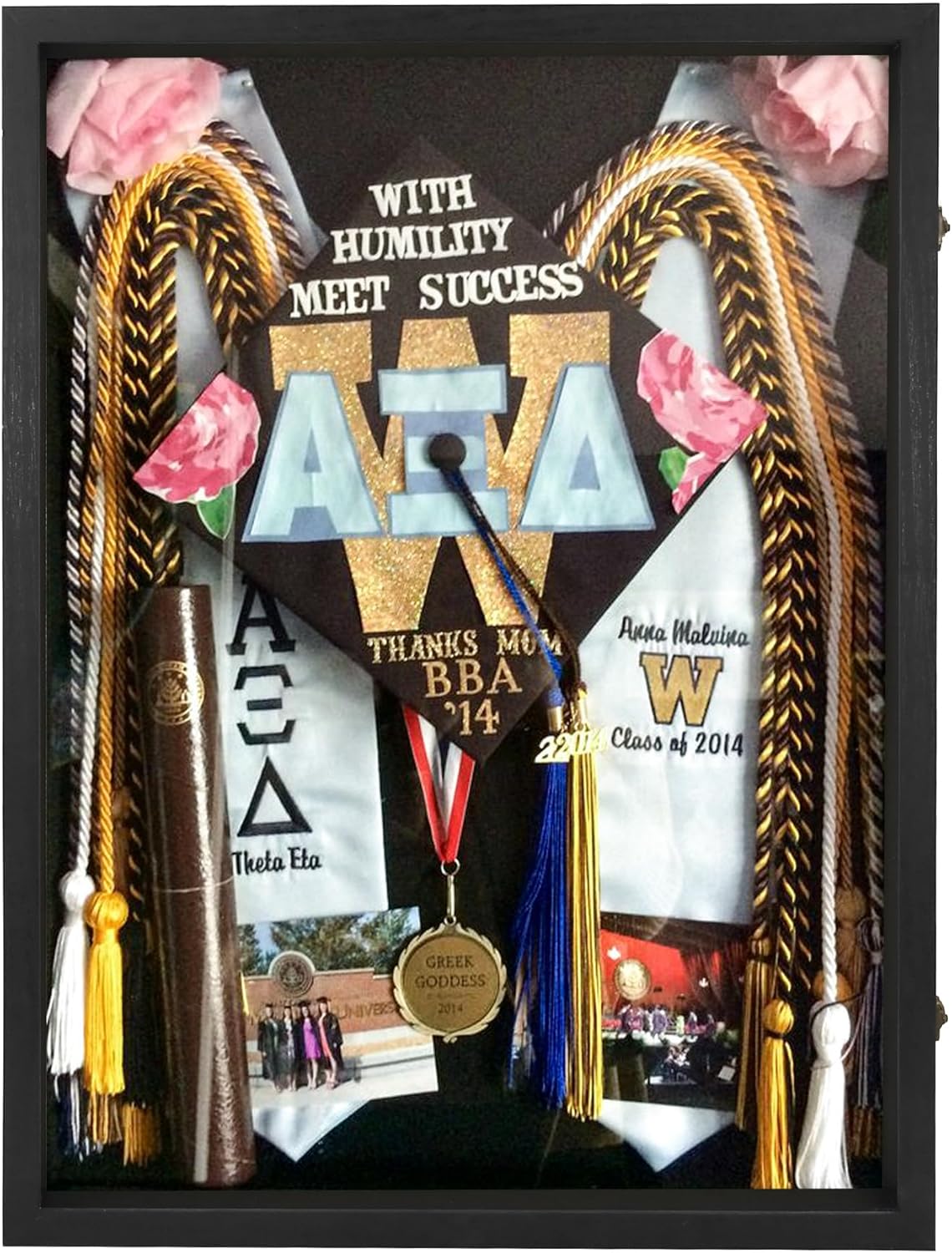 GraduatePro Shadow Box Frame 11x14 Display Case with Linen Back, Real Glass Window Door with Hinge, Picture Frame Wedding Bouquet Memorabilia Medals Photos Memory Box for Keepsakes, Carbonized Black