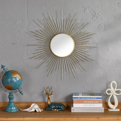 Large Gold Sunburst Mirror - 31" Starburst Wall Mirror with 12" Round Glass, Mid-Century Modern Elegant Gold Sun Mirrors for Living Room, Bedroom, Entryway Decor