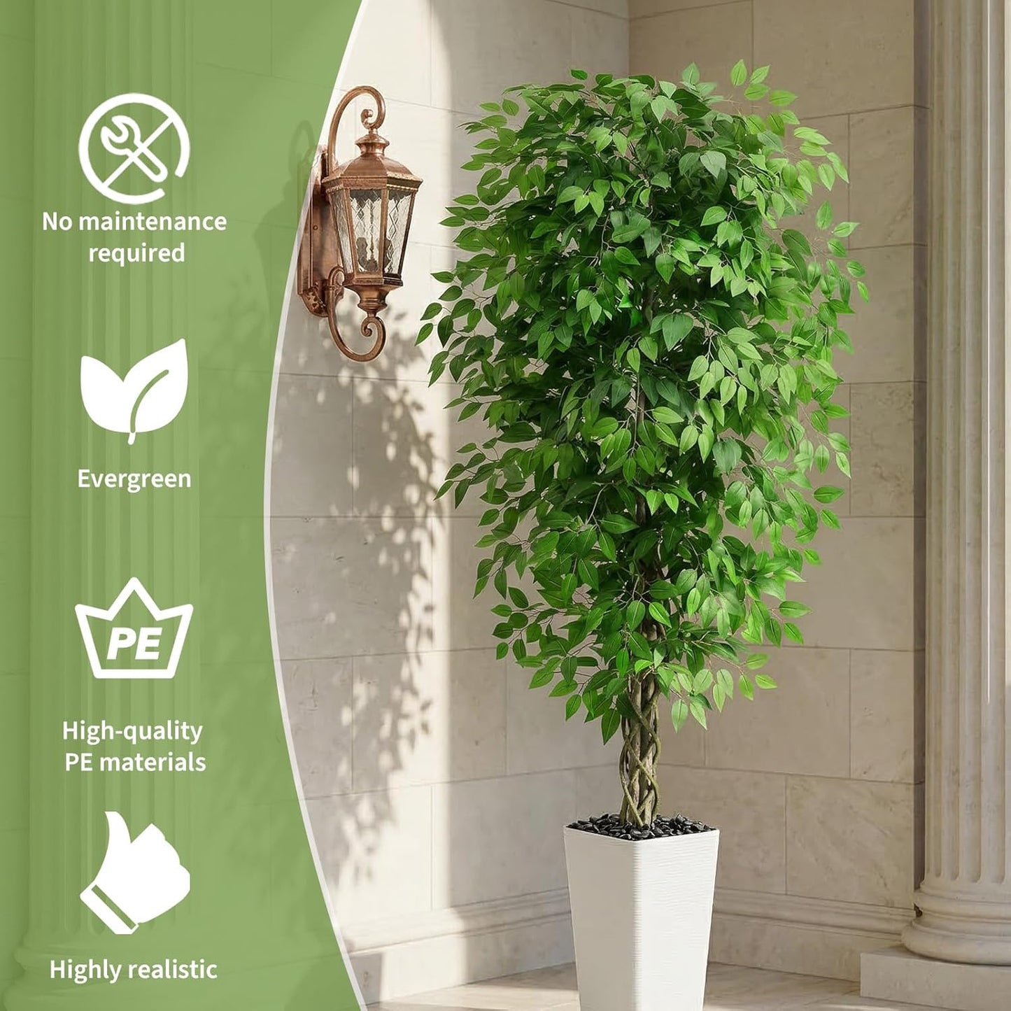 Artificial Ficus Tree 6FT Faux Plants Indoor Tall Fake Plants with White Planter, Green Lifelike Lush Fake Ficus Tree for Home Living Room Bedroom Outdoor Balcony House Office Decor