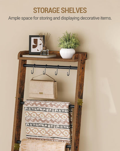 Hzuaneri Blanket Ladder Shelf, Decorative Quilt Rack, 6-Tier Farmhouse Ladder Holder Organizer with 4 Removable Hooks 7.9" D x 17.3" W x 63.4" H, Rustic Brown BR35801B