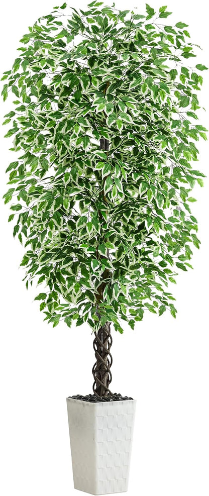 Artificial Ficus Tree 6FT Faux Plants Indoor Tall Fake Plants with White Planter, Green Lifelike Lush Fake Ficus Tree for Home Living Room Bedroom Outdoor Balcony House Office Decor