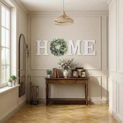 Pinkpum Wood Home Sign with Artificial Eucalyptus Wreath for O, Hanging Farmhouse Wall House Decor Wood Letters for Wall Art Rustic Home Decor, Wall Decor for Living Room Kitchen Entryway (Black)