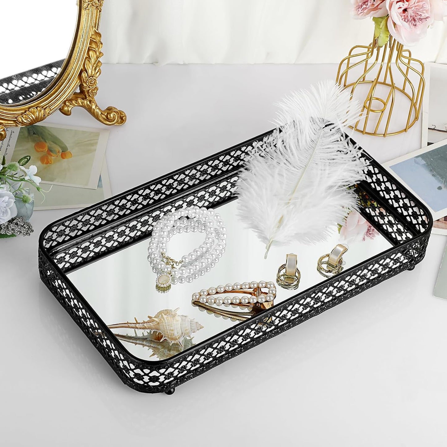 ELLDOO Perfume & Makeup Vanity Tray - Hollow-Carved Jewelry Storage, Glass & Metal Trinket Organizer for Dresser & Bathroom Countertop, Gold, Medium Size