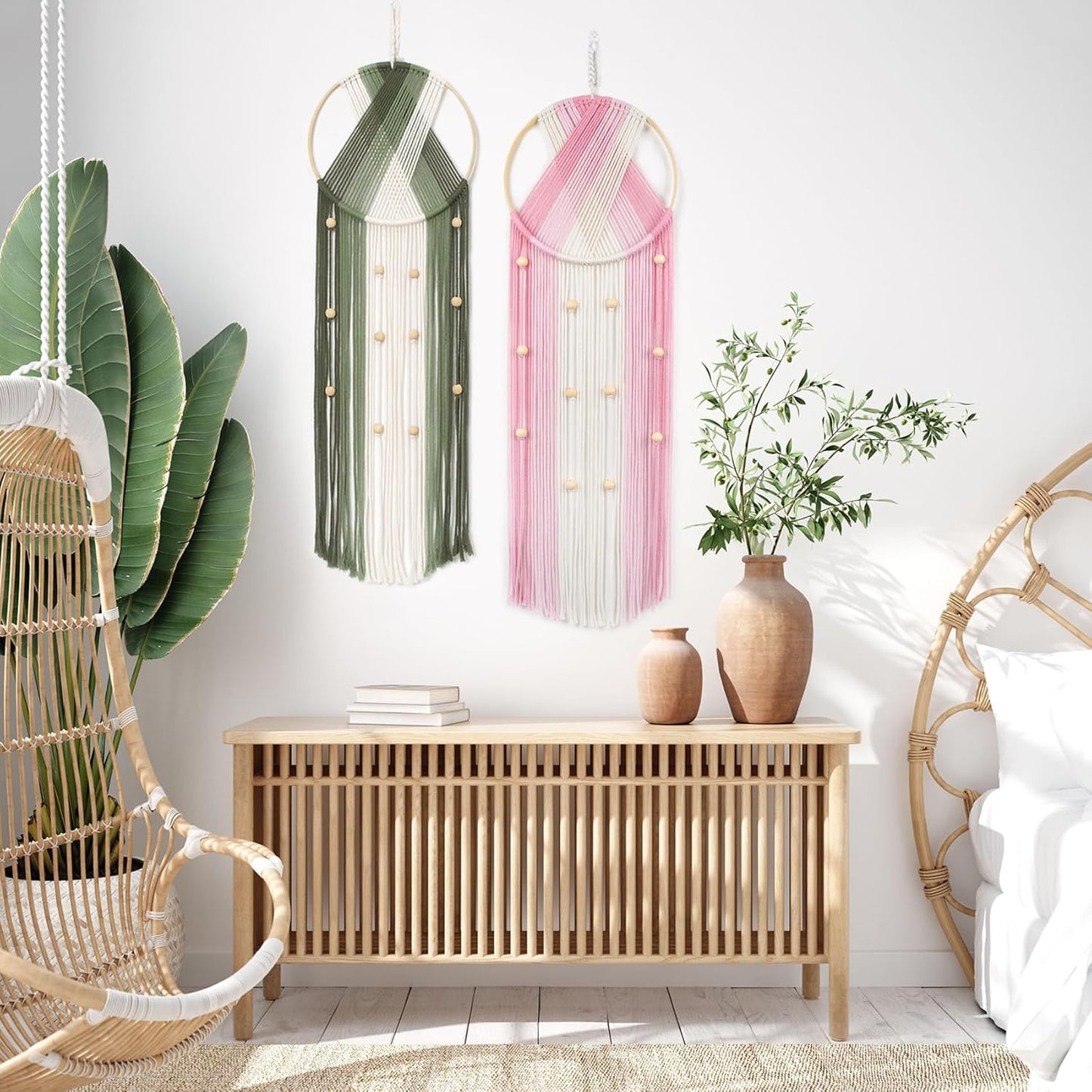 LB Boho Macrame Wall Hanging - Green and Beige Handmade Cotton Woven Decor, Modern Geometric Bohemian Tapestry Wall Decor for Bedroom Living Room Home (31.5"x9.84") Nature-Inspired Room Decor