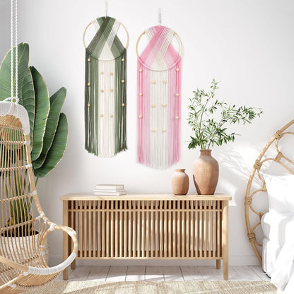 LB Boho Macrame Wall Hanging - Green and Beige Handmade Cotton Woven Decor, Modern Geometric Bohemian Tapestry Wall Decor for Bedroom Living Room Home (31.5"x9.84") Nature-Inspired Room Decor