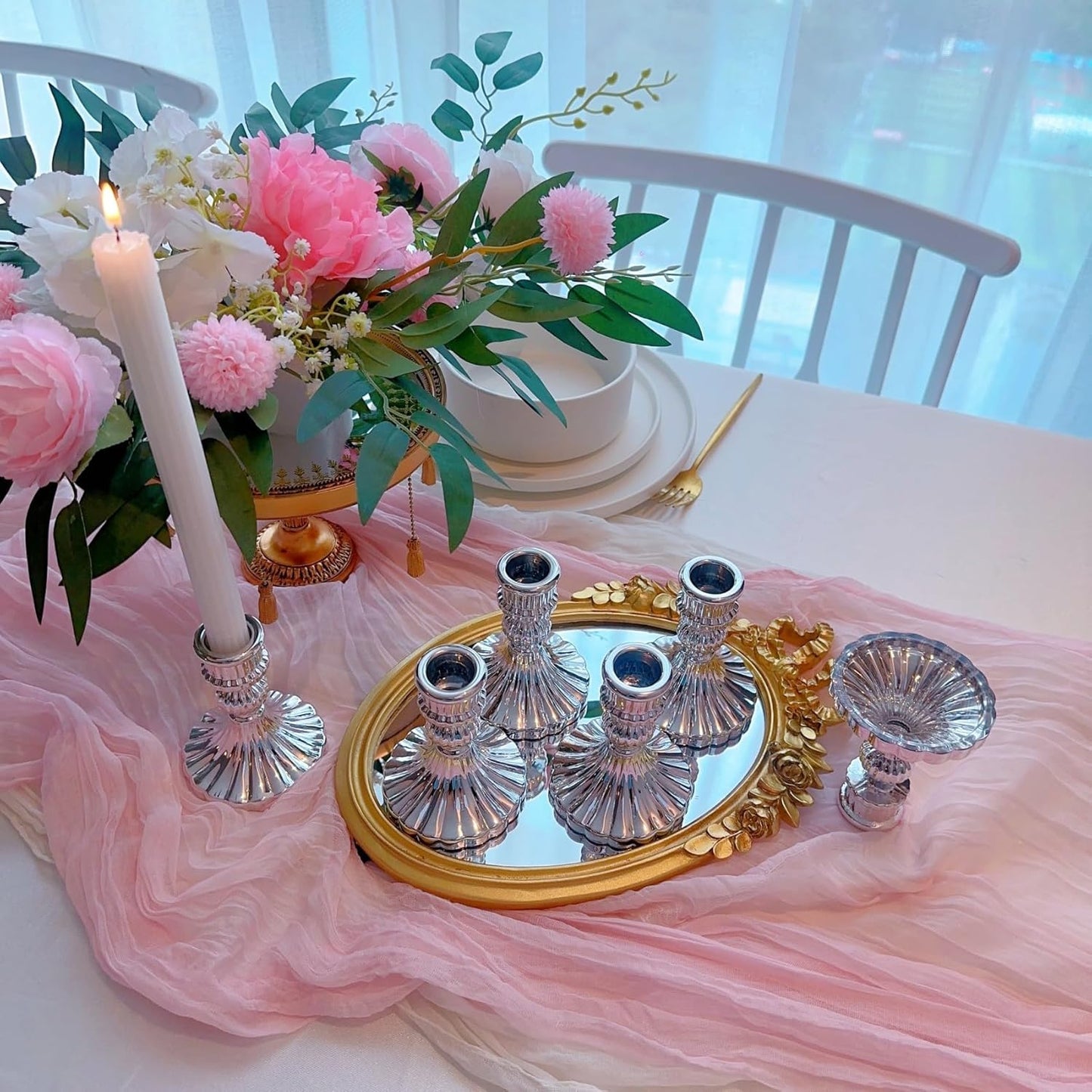 Glass Candlestick Holder,Striped Taper Candle Holders,Set of 6 Candle Stand for Table Centerpieces, Home Decor,Weddings,Festival and Parties (Clear Stripe Pattern)