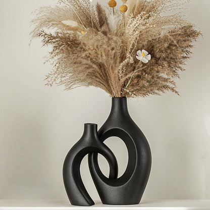 Lvases Snuggle Hollow Ceramic Vase Set of 2, Nordic Modern Boho ins Style Decorative Ceramic Aesthetic Flower Vase for Home Decor (Milky White W 6.3" X H 8.4")
