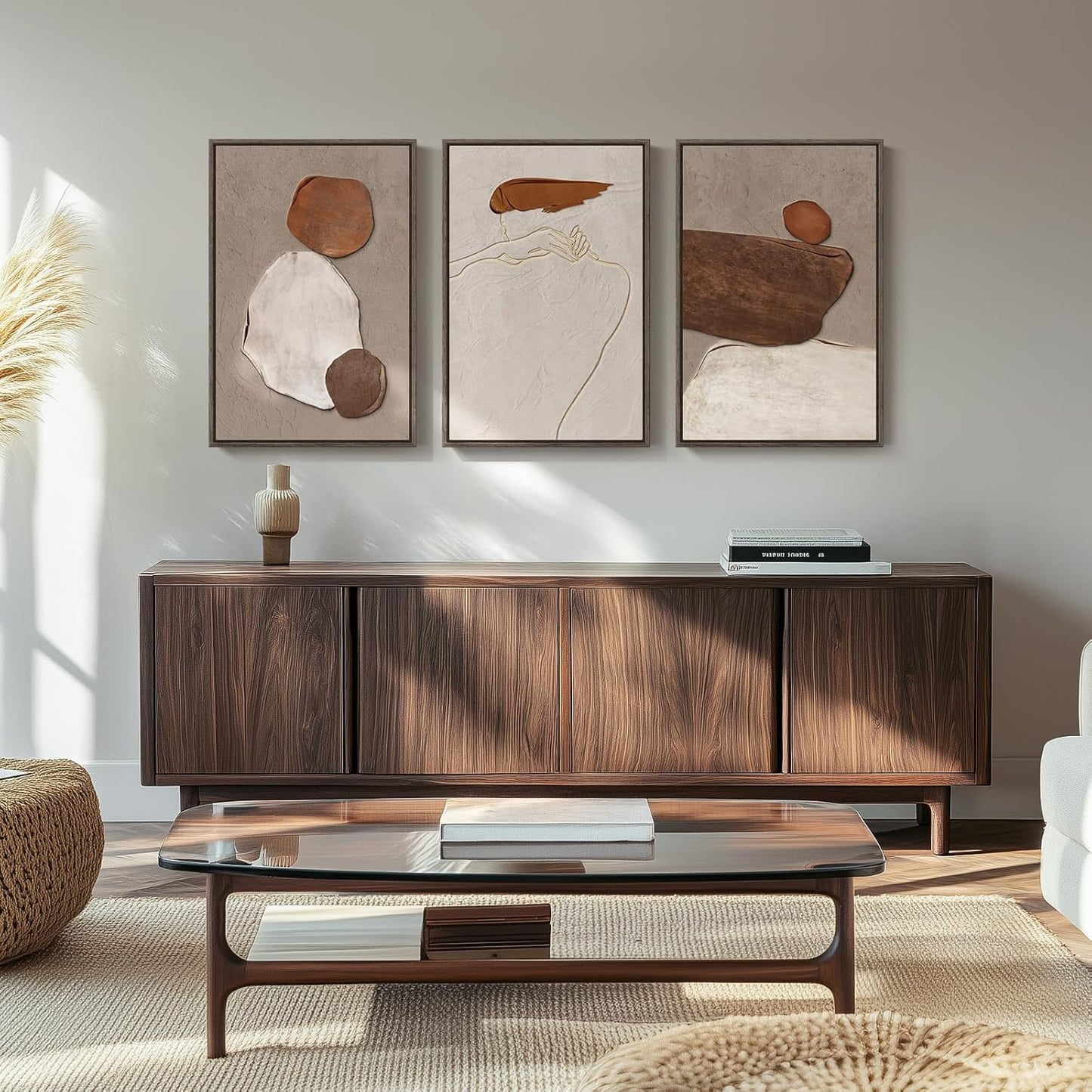 Large Framed Neutral Abstract Wall Art for Living Room, 3 Piece Modern Canvas Prints Paintings Artwork for Walls, Black and Beige Pictures for Living Room Hallway Stair Office Wall Decor 24x36 Inch