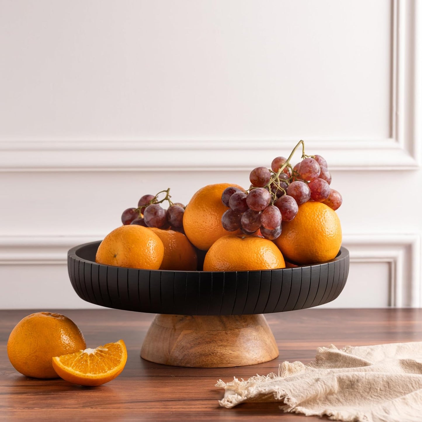 Mango Wood fruit bowl, Decorative black bowl with natural finish pedestal | 12" dia | Dual tone look | Use as Centerpiece for kitchen counter or dining table (Black)
