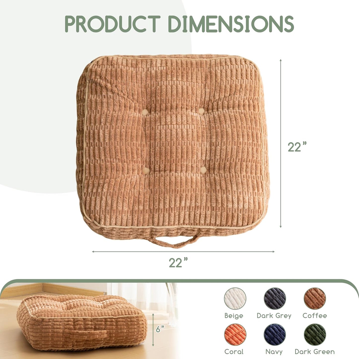 HIGOGOGO Floor Pillow Cushion for Adults, Meditation Cushion Pillow, Blended Corduroy Cover, Large Square Floor Sitting for Tatami Living Room or Yoga, 22x22 Inch, Beige