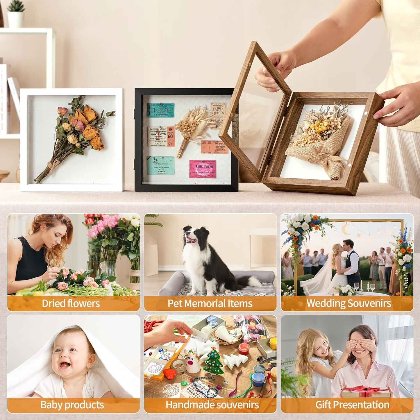 8x10 Deep Shadow Box Picture Frame Display Case with Linen Back and Stand,Real Glass Black Shadow Memory Box Frame 8x10 for Flower Baby Pet Wedding Photo Art Craft Memorial Wall Decor Gift