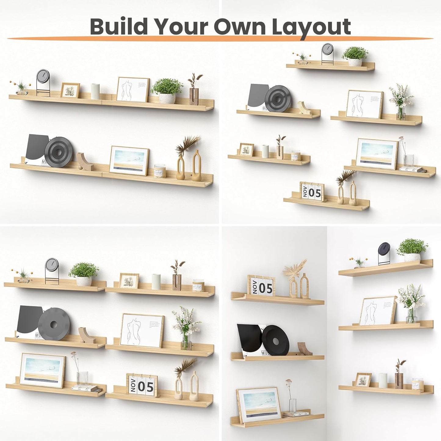 upsimples 6 Pack Wooden Floating Shelves, Wall Storage Decor Shelf for Bathroom, Bedroom, Living Room, Kitchen, Office and Laundry Room, Wall Mounted Display Hanging Shelf, Brown