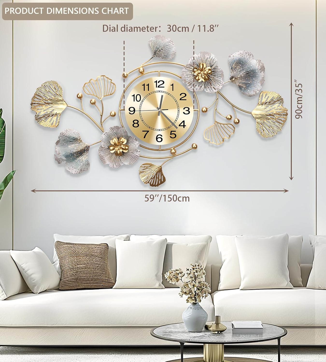 Clocks for Living Room, Large Wall Clock, 3D Silent Wall Clock, Retro Metal Ginkgo Leaf Design, for Bedroom Kitchen Decorative Wall Clocks（32''x18'' ）