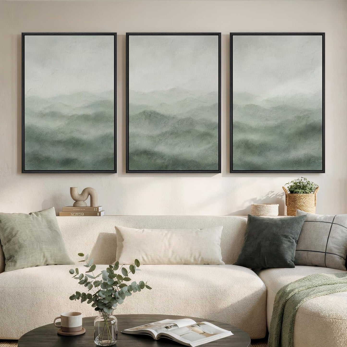 Large Framed Abstract Nature Landscape Wall Art for Living Room, Set of 3 Modern Canvas Prints Paintings Artwork for Walls, Green Lake Pictures for Hallway, Dining Room, Office Wall Decor 24x36 Inch