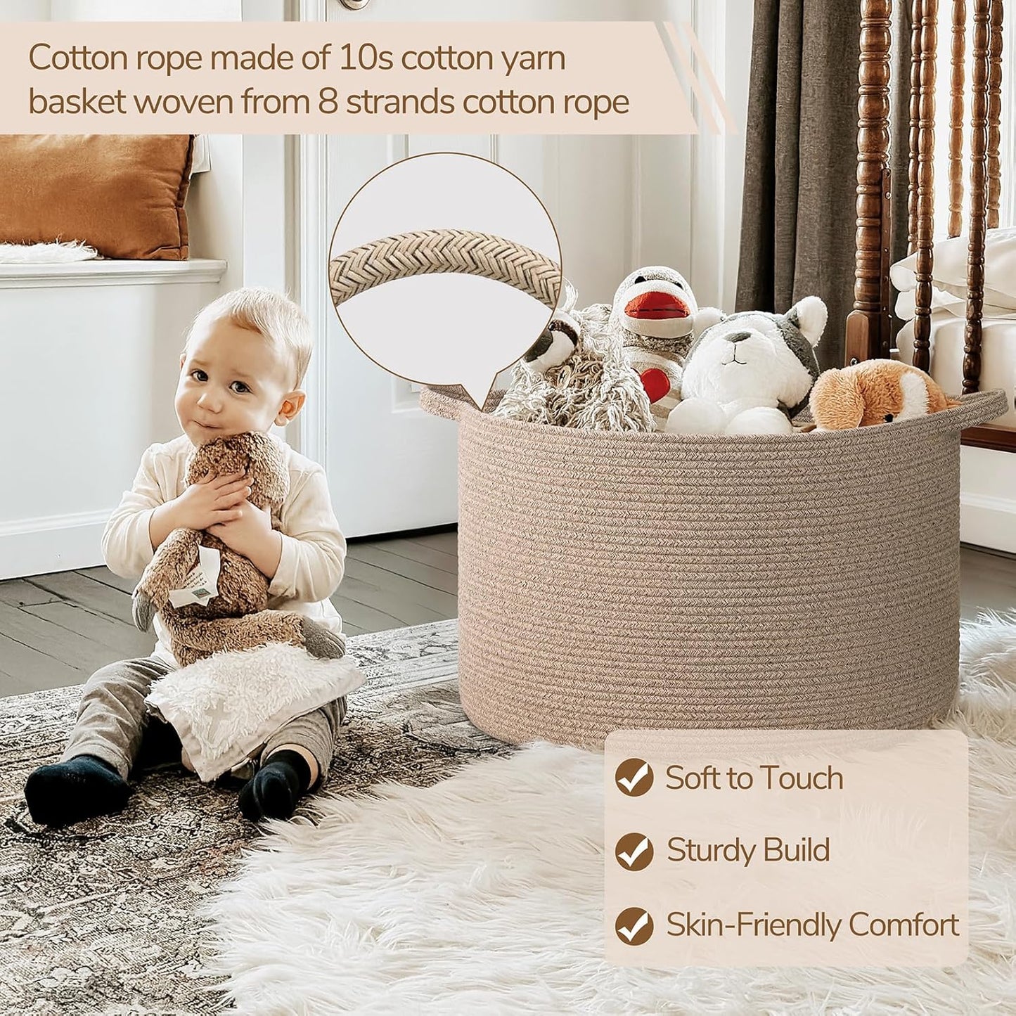 INDRESSME XXXLarge Blanket Basket for Living Room 21.7" x 21.7" x 13.8"-Storage Basket with Handle for Organizing Toy Pillows Woven Cotton Rope Laundry Basket Stuffed Animal Toy Storage for Play Room
