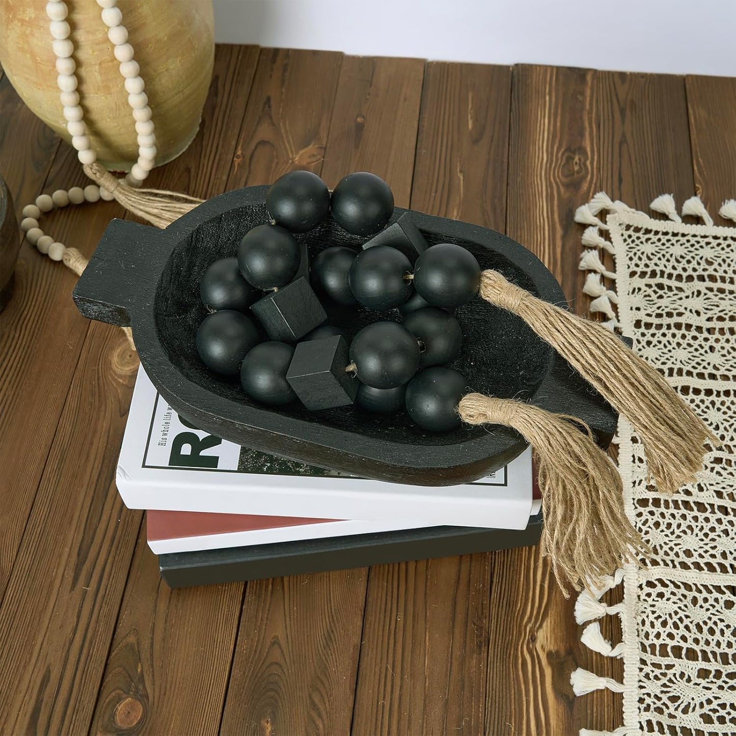 OMISHE Extra Large Wood Bead Garland with 1.6" Diameter Wooden Beads and Tassels, 41" Long Rustic Farmhouse Country Decorative Beads for Home Tiered Tray Decor, Natural Beige