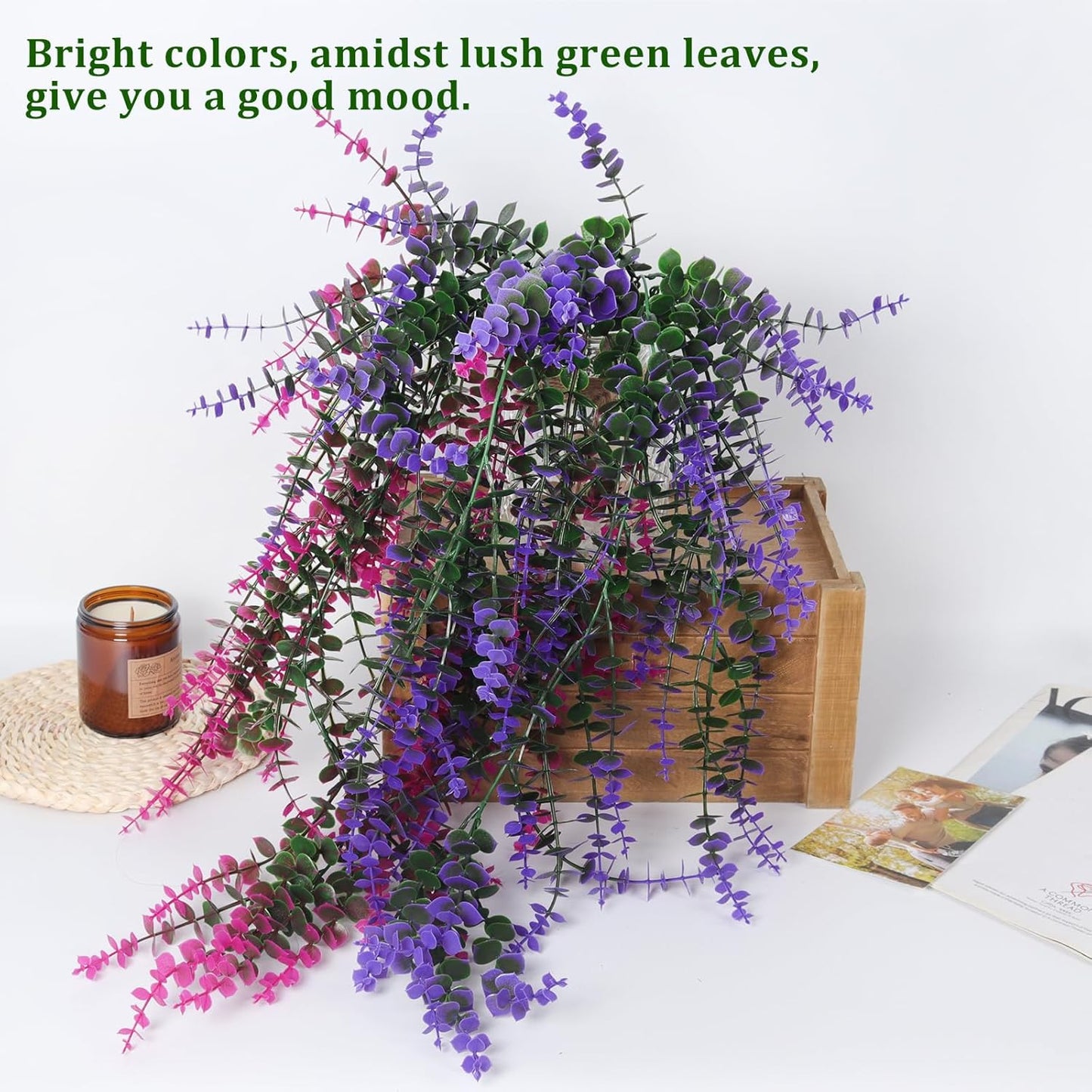 RECUTMS Artificial Hanging Plants Fake Hanging Plant Faux Eucalyptus Leaf Greenery Vine Outdoor UV Resistant Plastic Plants Home Garden Wedding Party Indoor Outdoor Decorations(White)