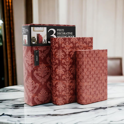 Hosley Farmhouse Memory Book Boxes Set of 3, Red Brown & Gold, Decorative Nesting Storage Boxes 12 10 8 Inch, Faux Leather Keepsake Photo Jewelry Box for Wedding Gift
