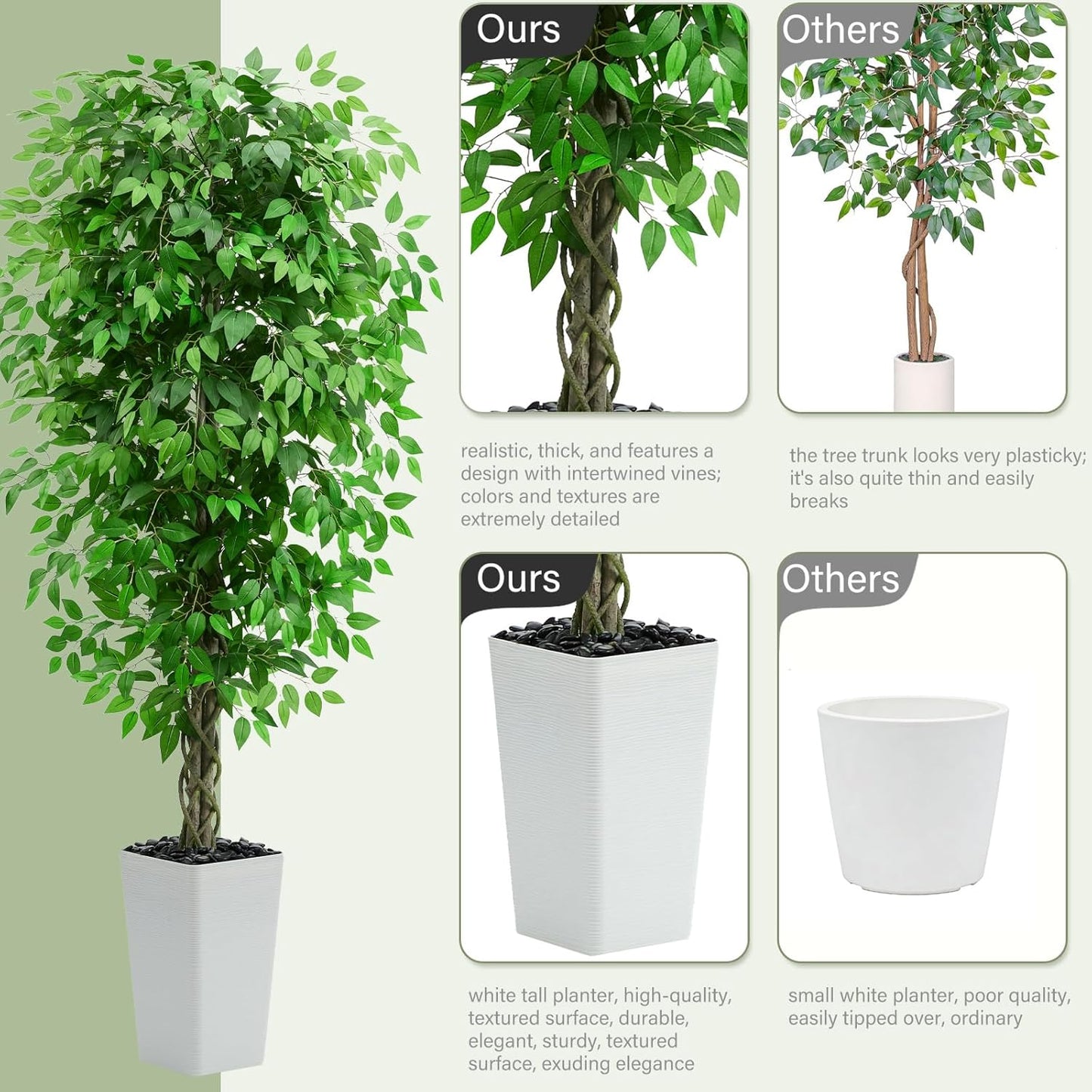 Artificial Ficus Tree 6FT Faux Plants Indoor Tall Fake Plants with White Planter, Green Lifelike Lush Fake Ficus Tree for Home Living Room Bedroom Outdoor Balcony House Office Decor