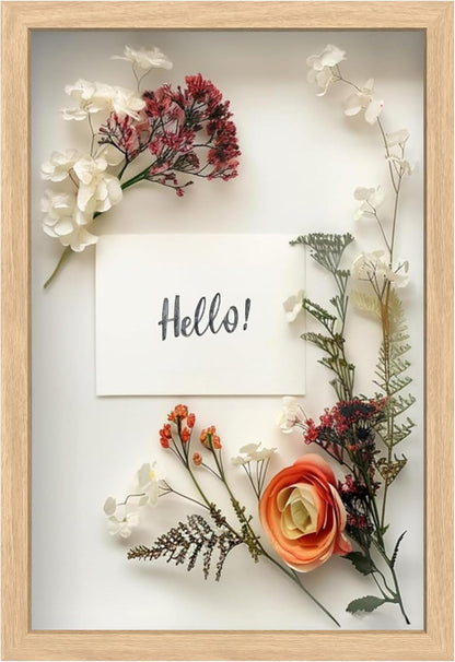FrameWorks 11” x 14” Dark Oak Wooden Shadow Box Frame – Display Case with Soft Felt Back, Memory Box with Tempered Glass, Display Box with Elegant White Ball Push Pins, Wooden Flower Box
