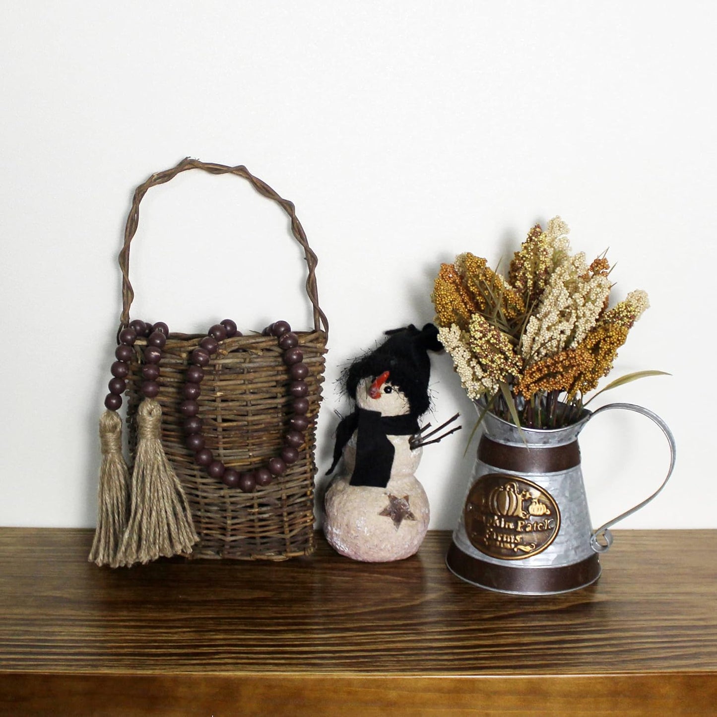 CVHOMEDECO. Wood Beads Garland with Tassels Farmhouse Rustic Wooden Prayer Bead String Wall Hanging Accent for Home Festival Decor. Mix Distressed